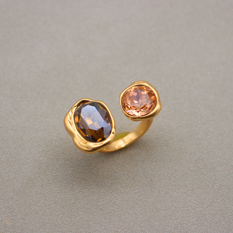 Zhonggu Rhinestone Simple Bracelet Ring Opening Adjustable Large Gem - Champagne Gray - electronic accessories