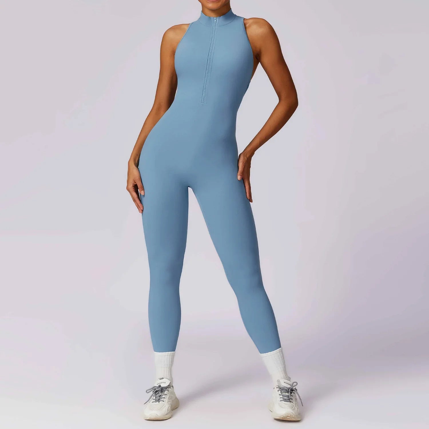 Zipper Women Sports Jumpsuit One-piece Suit - Haze Blue / XL / CHINA